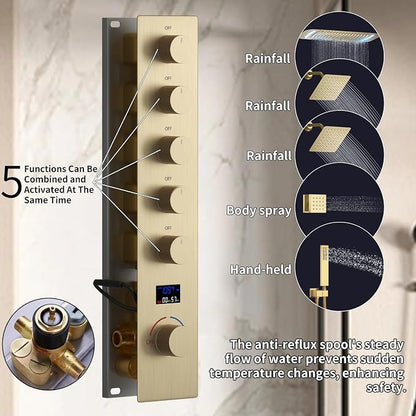 16X26 inch Shower System Brushed Gold Shower Head and Handle Set | Temperature Display Shower Faucet with Dual 8 inch Shower Head, 6 Body Jet, Handheld Shower, 5 Functions Can All Run Together