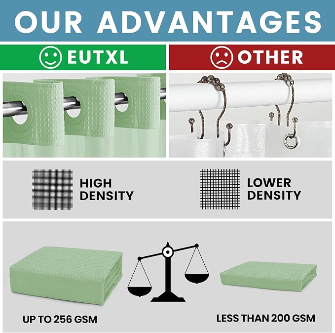 EUTXL Heavyweight Mint Green No Hook Shower Curtain with Snap in Liner,256GSM Waffle Weave Shower Curtains for Bathroom,71W x 74H