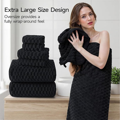 REDKISS Black Microfiber Towels Set of 6-35x70 Inches Oversized Bath Sheets, Extra Large Bath Towels Set of 6 for Adults, Super Soft Quick Dry Lint Free Absorbent Waffle Microfiber Shower Towels