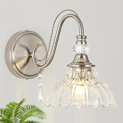 1 Piece Brushed Nickel Finish Wall Sconce, 1-Light Modern Wall Sconce with Hanging Crystal Accents and Flower-Shaped Clear Shades for Bathroom Bedroom Living Room,Modern Vanity Light