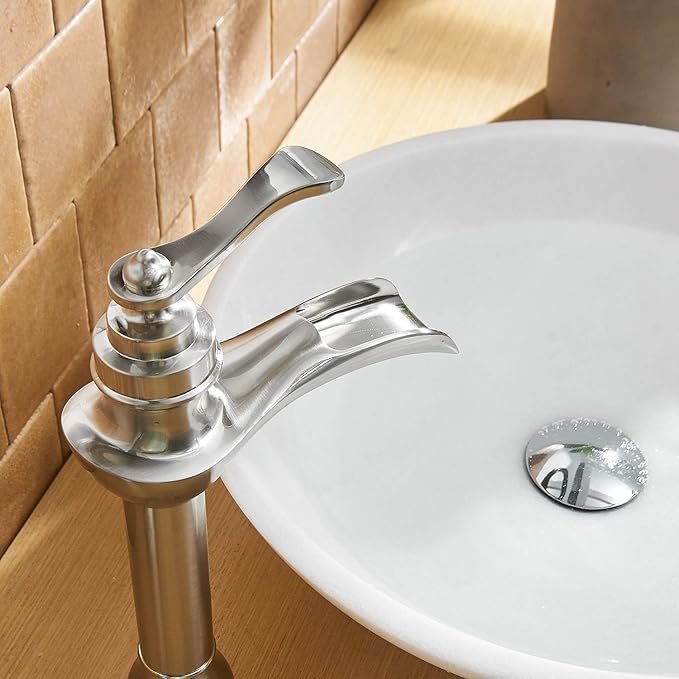 BWE Vessel Sink Faucet Waterfall Brushed Nickel with Pop Up Drain Assembly and Supply Hose Single-Handle Single Hole Bathroom Faucet Lavatory Mixer Tap Tall Body