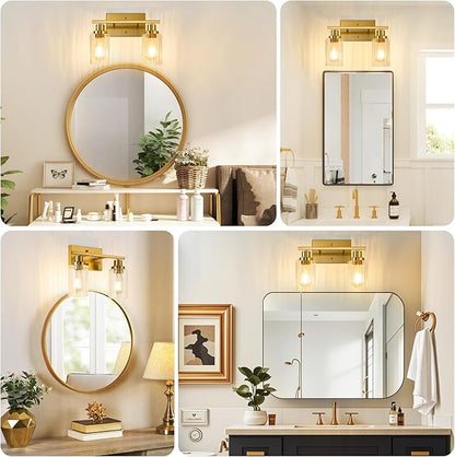 Jonsi Gold Bathroom Light Fixtures, 2 Light Brushed Gold Vanity Lights With Fluted Glass Shade, Modern Lights Over Mirror, Vanity Lighting Fixtures