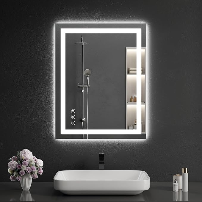 LED Bathroom Mirrors 24"x28" Bathroom Mirror with Lights for Wall, Backlit + Front Lit, 3 Colors, Anti-Fog, Dimmable Brightness for Vanity,Bathroom, Entryway, Living Room