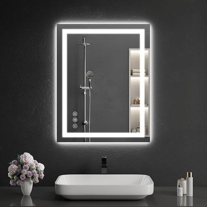 LED Bathroom Mirrors 24"x28" Bathroom Mirror with Lights for Wall, Backlit + Front Lit, 3 Colors, Anti-Fog, Dimmable Brightness for Vanity,Bathroom, Entryway, Living Room