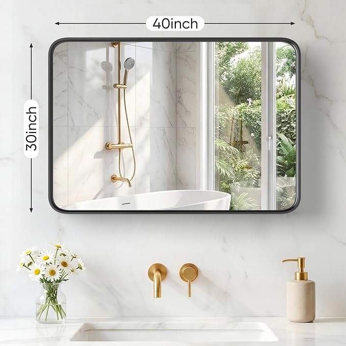 NEWBULIG 30"x40" Wall Mirror, Bathroom Mirrors for Over Sink, Black | Matte Metal Framed Vanity Mirror with Tempered Glass, Entryway, Living Room, Bedroom