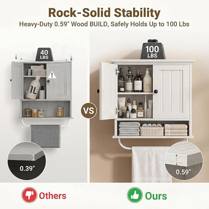 Besiost Farmhouse Bathroom Wall Medicine Cabinet with Removable Towel Bar | Over Toilet Storage Organizer, 7.9" Slim Profile, 100 Lbs Capacity, Adjustable Shelf, Soft Close Hinges Door, White