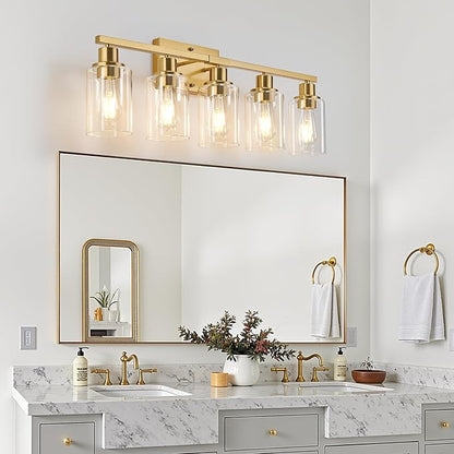 5-Light Bathroom Light Fixtures, Vanity Light with Clear Glass Shades, Brushed Gold Bathroom Light Fixtures Over Mirror, Modern Bathroom Wall Lamp for Mirror Living Room Cabinet Bedroom