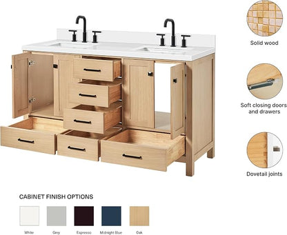 ARIEL Cambridge 60-inch Bathroom Vanity with Sink,Solid Wood, 1.5-inch Pure White Quartz Countertop, Double Rectangular Porcelain Sink, 4 Soft Closing Doors, 6 Dovetail Drawers, White Oak