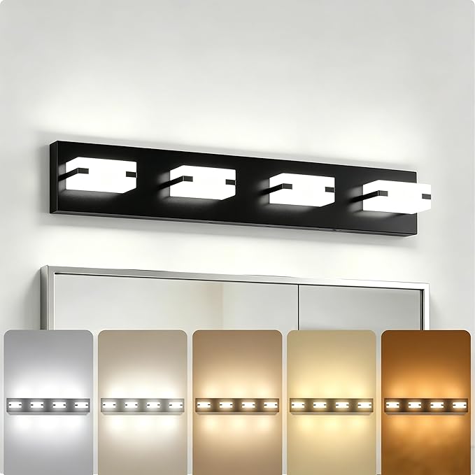 LED Black Bathroom Light Fixtures, 4-Light 27W 5CCT Modern Vanity Lights | NOVELUX LED Black Bathroom Light Fixtures, 4-Light Modern Vanity Lights , ETL Listed, 27W 5CCT Adjustable