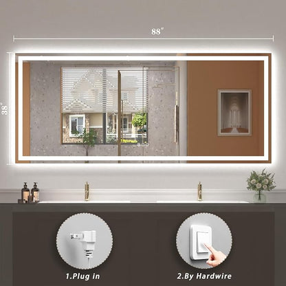 88x38 LED Lighted Bathroom Mirror for Vanity Wall | Front Light and Backlit, Anti-Fog, Memory, 3 Color, Tempered Glass, Dimmable, Rectangular, UL, Horizontal/ Vertical Mounted