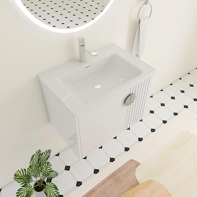 28 Inch Bathroom Vanity with Sink, 28" Floating Vanity with White Glossy Ceramic Sink, Plywood Wooden Bathroom Cabinet with Soft-Close Doors, Modern Wall Mounted Cabinet Set (White)