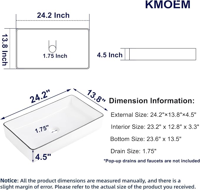 Vessel Sink 24"x14" Rectangular Bathroom Sink Modern White with Black Trim Porcelain Ceramic Above Counter Vanity Sink for Bathrooms Art Basin