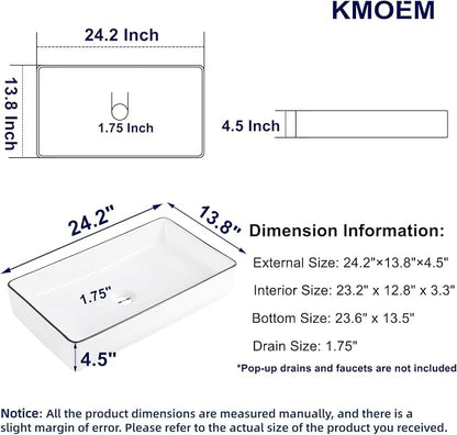 Vessel Sink 24"x14" Rectangular Bathroom Sink Modern White with Black Trim Porcelain Ceramic Above Counter Vanity Sink for Bathrooms Art Basin