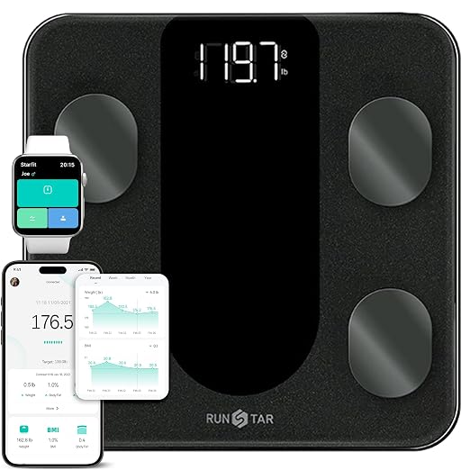 RunStar Scale for Body Weight and Fat Percentage 400lbs, 4 Electrodes Smart Bathroom Scale with APP, 11 iches