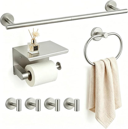 7-Piece Bathroom Hardware Accessories Set, SUS304 Towel Bar, Silver | 25.9-Inch Towel Rack, Oval Towel Ring, Toilet Paper Holder with Shelf & 4 Robe Towel Hooks, Wall-Mounted Towel Holder Set
