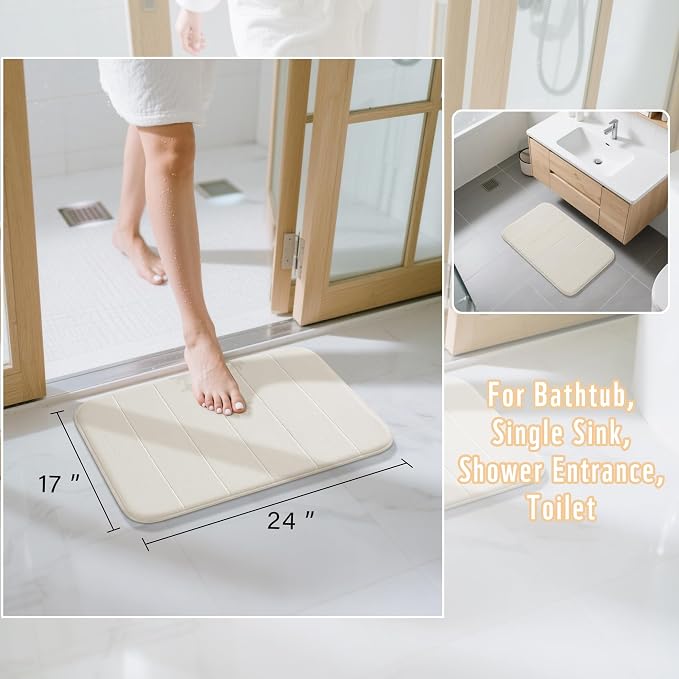 Yimobra Memory Foam Bath Mat, Super Soft Absorbent Bathroom Rug Non Slip, Quick Dry, Machine Washable Floor Carpet for Tub Shower, Home Decor Accessories, 24x17, Cream
