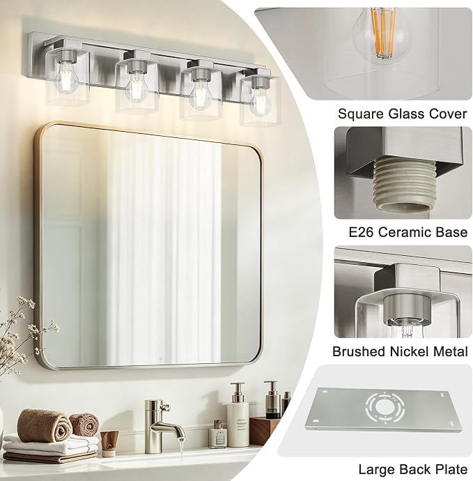 4-Light Brushed Nickel Bathroom Light Fixtures, with Clear Glass Shade | 29.5 Inch Bathroom Lighting Fixtures Over Mirror, Modern Wall Light, bathroom vanity light E26 Socket, ETL