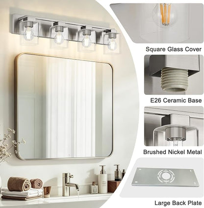 4-Light Brushed Nickel Bathroom Light Fixtures, with Clear Glass Shade | 29.5 Inch Bathroom Lighting Fixtures Over Mirror, Modern Wall Light, bathroom vanity light E26 Socket, ETL