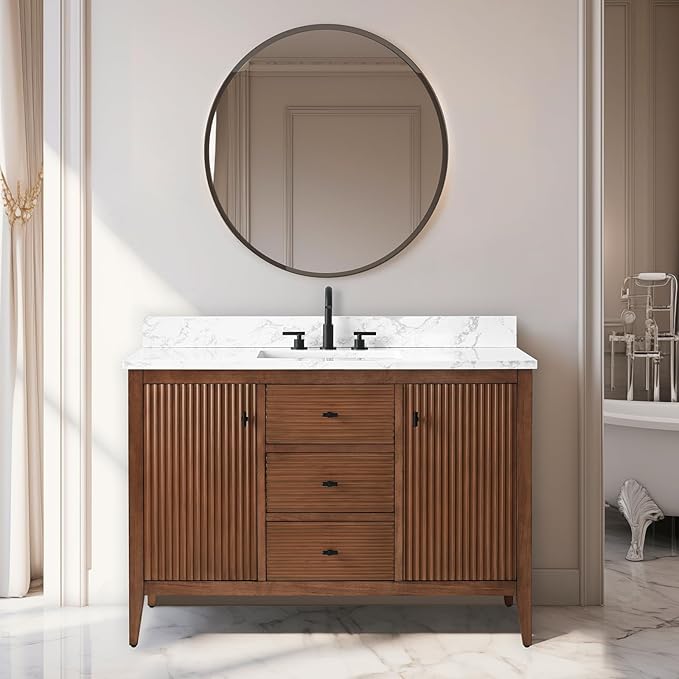 Vanity Art 48 inch Walnut Bathroom Vanity with Single Sink & Ceramic Top, Vanity Cabinet with Soft-Closing Door, Solid Wood Frame, Linear Pattern, Walnut, VA9148-Walnut-MB,Matte Black Handles