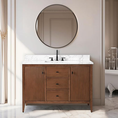 Vanity Art 48 inch Walnut Bathroom Vanity with Single Sink & Ceramic Top, Vanity Cabinet with Soft-Closing Door, Solid Wood Frame, Linear Pattern, Walnut, VA9148-Walnut-MB,Matte Black Handles