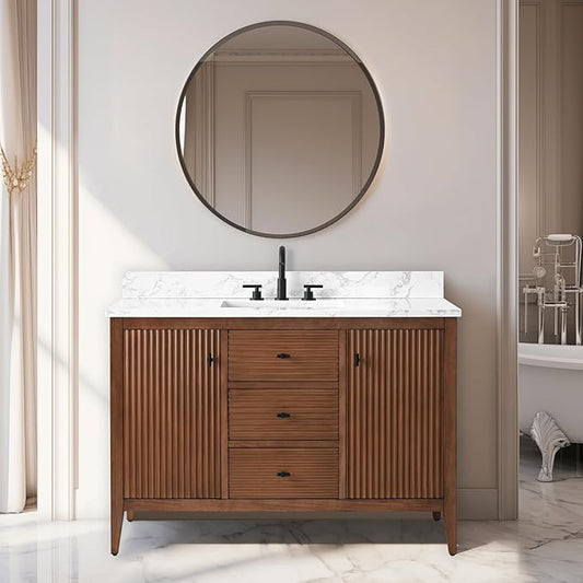 Vanity Art 48 inch Walnut Bathroom Vanity with Single Sink & Ceramic Top, Vanity Cabinet with Soft-Closing Door, Solid Wood Frame, Linear Pattern, Walnut, VA9148-Walnut-MB,Matte Black Handles
