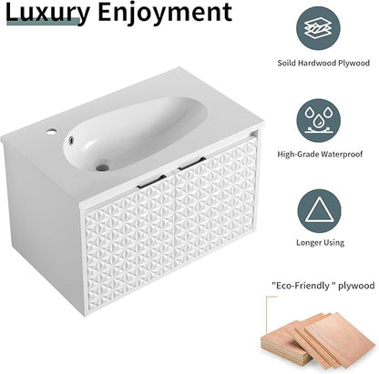 SSLine Modern 30" Floating Bathroom Vanity with Sink Wall Mounted Bathroom Vanity with Top Basin & Storage Cabinet 30-Inch White Star Bath Vanity w/Drop-Shaped Resin Sink for Small Space
