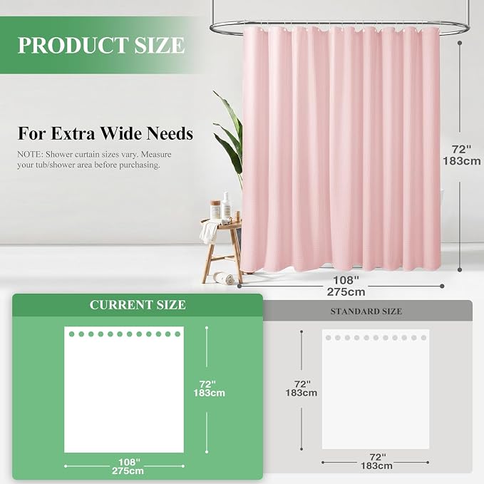 Extra Wide Waffle Shower Curtain 256 GSM Fabric 108x72 Pink | 108 Inch Wide, Thick Cloth, Weighted Hem, Water Repellent, Hotel Luxury Polyester Shower Curtain Set for Bathroom 18 Hooks