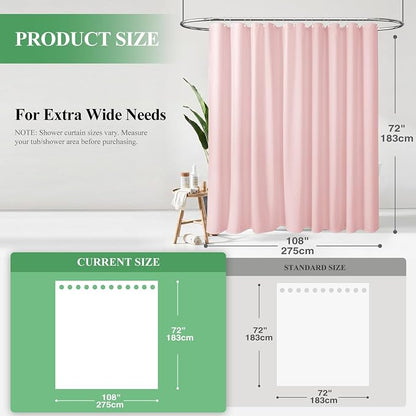 Extra Wide Waffle Shower Curtain 256 GSM Fabric 108x72 Pink | 108 Inch Wide, Thick Cloth, Weighted Hem, Water Repellent, Hotel Luxury Polyester Shower Curtain Set for Bathroom 18 Hooks