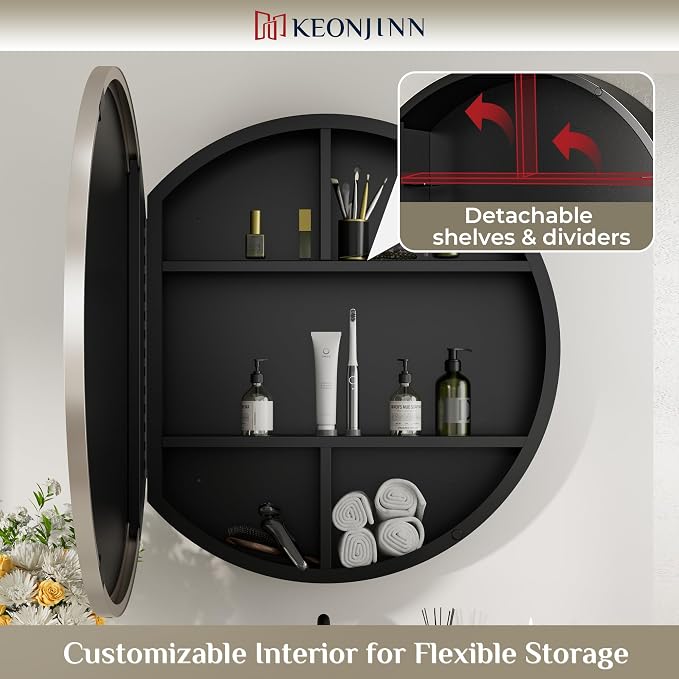 Keonjinn 28 x 28 Inch Round Medicine Cabinets for Bathroom, Brushed Nickel | Circular Surface Mount Medicine Cabinets for Bathroom, Shatter-proof, Metal Frame, Smooth Piano Hinge, Magnetic Door Bumper
