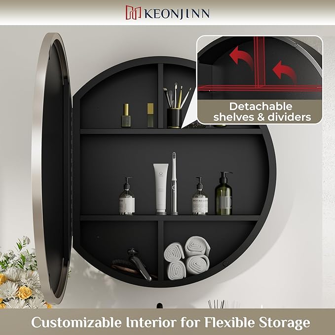 Keonjinn 28 x 28 in Round Medicine Cabinets for Bathroom, Brushed Nickel Surface Mount Medicine Cabinet, Circle Medicine Cabinet with Mirror, Adjustable Shelves Framed Bathroom Mirror with Storage