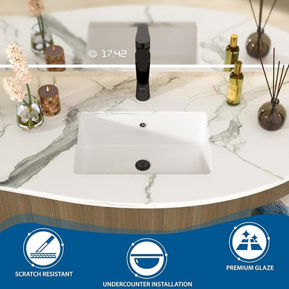 White Undermount Bathroom Sink 18.1"x12.4"Ceramic Basin | Modern Porcelain Under Counter Bathroom Vanity Sink, Interior Bowl 16.3"x 10.6", Rectangular Undermount Basin with Overflow