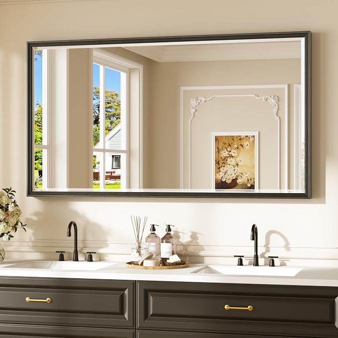Keonjinn 55" x 30" Black Bathroom Vanity Mirror, Aluminum Alloy Frame | Safe Tempered Glass with Beveled Edge, Secure French Cleat, Rectangle Wall Mirror for Over Sink, Hallway, Living Room Decor