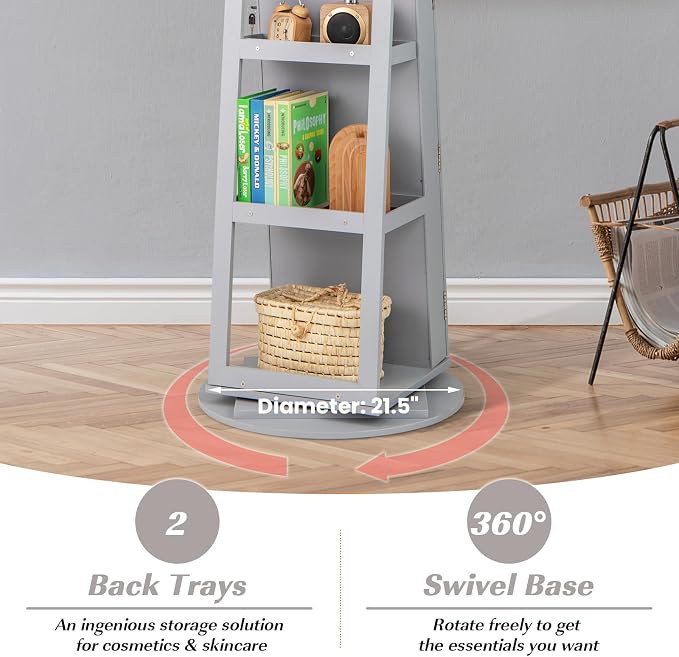 MAT EXPERT 360° Rotating Jewelry Armoire, Lockable Freestanding Jewelry Organizer w/Full-length Mirror, 3-Color LED Lights, Rear Storage Shelves, Mirror Jewelry Cabinet for Bedroom (Gray)
