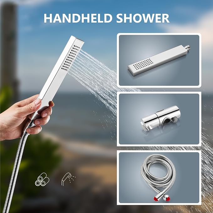 Aolemi Outdoor Shower Kit with Handheld,Square Rain Shower,Polish Chrome | 2-Handle Hot and Cold Control, Adjustable Height, 6-Inch Center Valve, 59-Inch Hose, Winter Drainage Outdoor Shower Fixtures