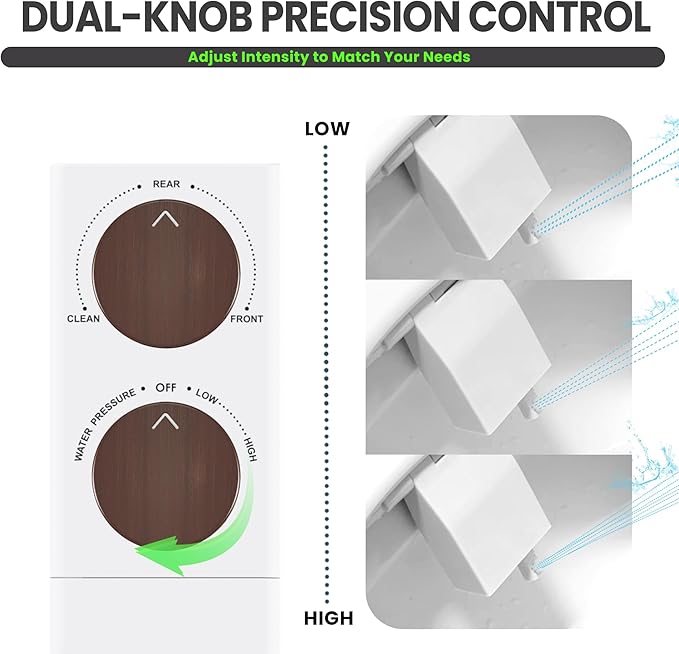 Toilet Bidet With Left/Right Side Reversible Design, Fresh Water, Non-Electric, Toilet Bidet Attachment, Right/Left Hand Side with Dual Nozzle, Self-Clean, Easy to Install (Brown Knob)