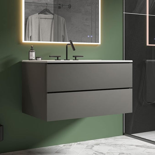 36" Bathroom Vanity with Sink, Modern Floating Vanity with Double Soft-Closing Drawers, Large Storage for Small Space, Space Gray, Fully Assembled - Iris Collection