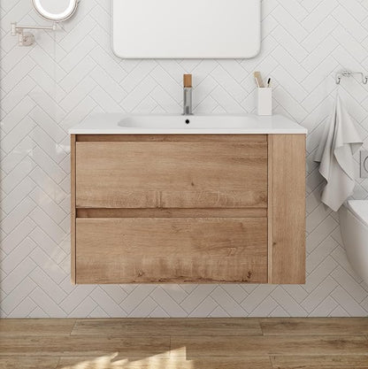 Henf Modern 30" Wall Mounted Bathroom Vanity with White Gel Sink, 2 Soft Close Drawers & Open Storage Shelf, Oak
