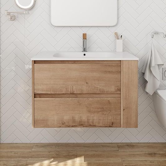 Henf Modern 30" Wall Mounted Bathroom Vanity with White Gel Sink, 2 Soft Close Drawers & Open Storage Shelf, Oak