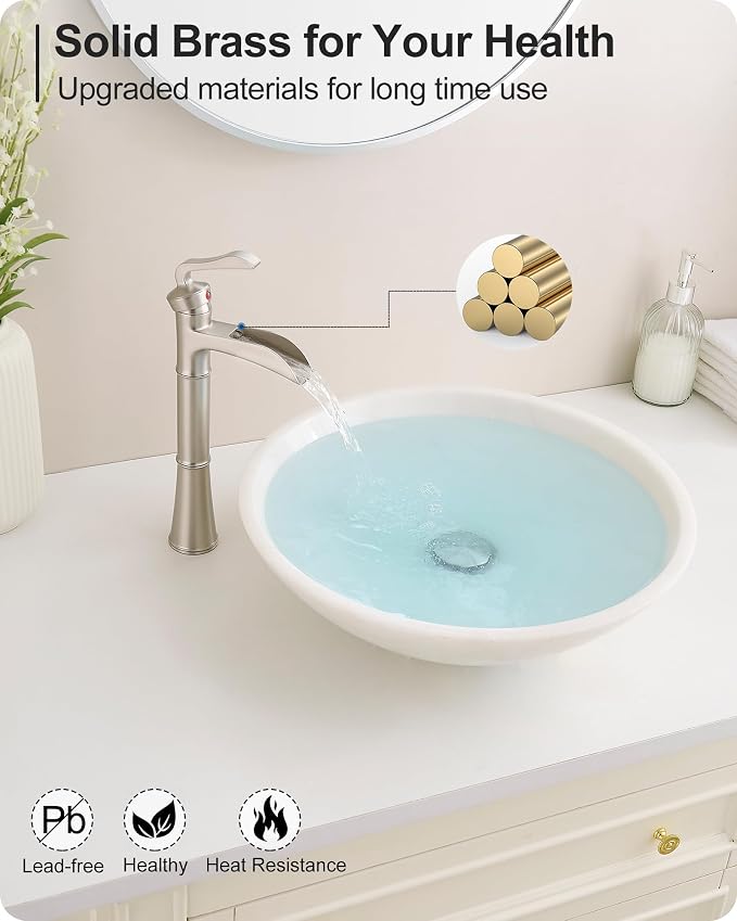 Brass Vessel Sink Faucet Brushed Nickel, Waterfall Bathroom Sink Faucet 1 Hole, Single Handle Bathroom Faucet, Tall Faucet for Bathroom Sink with Pop-Up Drain & Water Hoses for Save Water