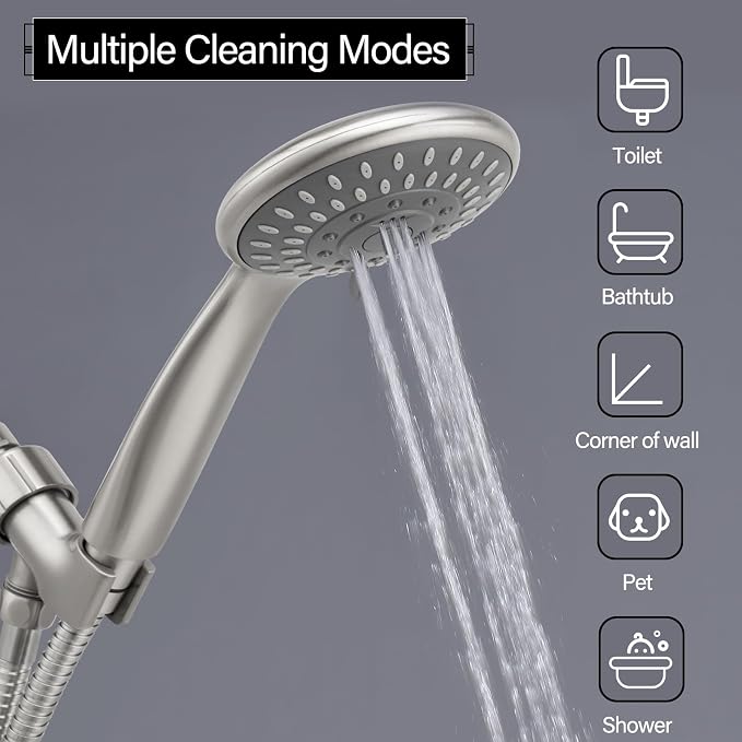 Shower Head with Handheld, 5-Settings Showerhead High Pressure Powerful Water Spray Shower Head Set with 59 Inch Stainless Steel Hose and Bracket, Brushed Nickel