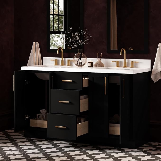 ARIEL Loren 60-inch Bathroom Vanity with Sink,Solid Wood, 1.5-inch Pure White Quartz Countertop, Double Rectangular Porcelain Sink, 4 Soft Closing Doors, 3 Dovetail Drawers, Black