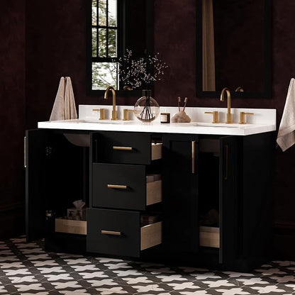 ARIEL Loren 60-inch Bathroom Vanity with Sink,Solid Wood, 1.5-inch Pure White Quartz Countertop, Double Rectangular Porcelain Sink, 4 Soft Closing Doors, 3 Dovetail Drawers, Black
