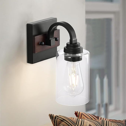1-Light Black Wall Sconces, Farmhouse Vanity Light Fixtures for Bathroom, Wood Wall Lighting with Clear Glass Shade, Wall Sconce for Hallway, Entryway, Bedroom, Living Room
