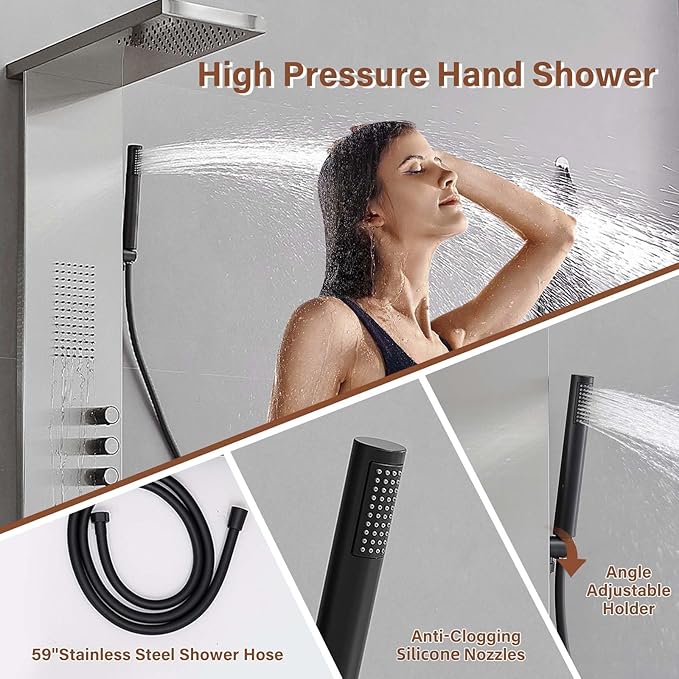 Shower Panel Tower System, Rainfall Shower Head Handheld Shower Wand Multi-Function Shower Panel with Large Area Massage Jets for Home Hotel, Brushed Nickel
