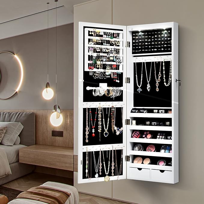 NAFORT 15 LEDs Lockable Mirror Jewelry Armoire Organizer, Christmas Gift Wall Door Mounted Storage Cabinet with Full-Length Mirror, Folding Tray,5 Storage Shelves, White