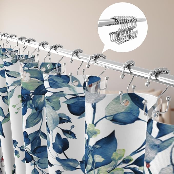 3 in 1 Shower Curtain Set, Watercolor Eucalyptus, Blue | Polyester Bath Curtain with Magnetic PEVA Liner and 12 Double Sided Stainless Steel Hooks 72x72 Inches