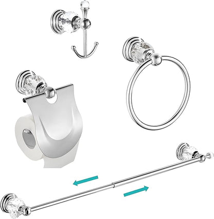 WINCASE Crystal Bathroom Hardware Set 24 Inch, Chrome Towel Bar Set, Silver 4 Piece Accessories Wall Mounted Coat Hook Hand Towel Ring Toilet Paper Holder