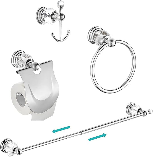 WINCASE Crystal Bathroom Hardware Set 24 Inch, Chrome Towel Bar Set, Silver 4 Piece Accessories Wall Mounted Coat Hook Hand Towel Ring Toilet Paper Holder