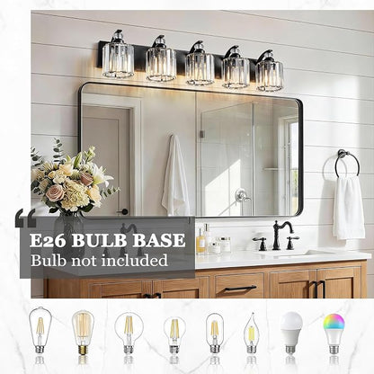 5-Light Black Bathroom Light Fixture Modern Vanity Lights Over Mirror Vintage Wall Sconce Lighting for Bathroom, Bedroom, Living Room, Hallway E26 Base with Crystal Bathroom Vanity Light