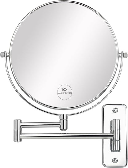 JANEEVA 8" Wall Mounted Makeup Mirror, 10X Magnifying Mirror with 360 Extendable Arm - Double Sided Vanity Mirror for Bathroom (Chrome)